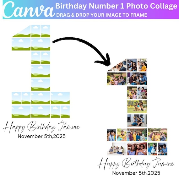 Custom 1 Number Picture collage, Canva Template, 1st Birthday Photo Poster Template, Canva Frame Template, Drag and Drop Canva Template