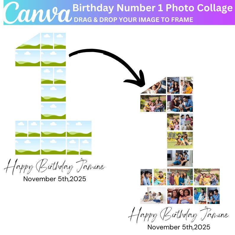 May include: A photo collage template for a first birthday. The template is shaped like the number one and has a green and blue background. The text "Happy Birthday Janine" and "November 5th, 2025" is included in the template.