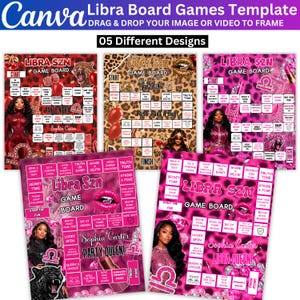 May include: A Canva template set featuring five distinct Libra Szn game board designs with leopard and animal print backgrounds, pink and red color schemes, and text including Libra Szn Game Board, 05 Different Designs, and Party Queen.