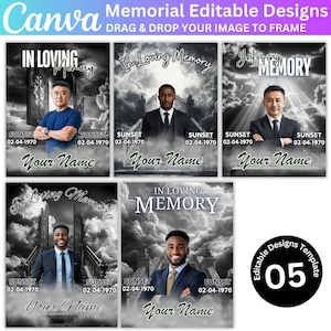 Pode incluir: Seis modelos de memorial diferentes com um fundo de céu nublado em preto e branco. Cada modelo apresenta uma moldura de foto, o texto "In Loving Memory", uma data e o texto "Your Name". Os modelos são numerados 05.