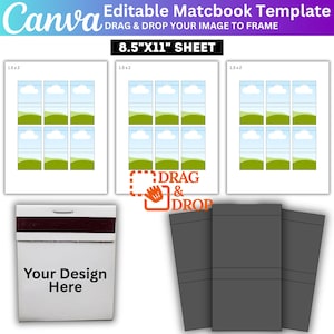 May include: An editable matchbook template with the Canva logo. The design includes three 8.5" x 11" sheets with landscape images and a matchbook with the text "Your Design Here". The image also shows a matchbook template.