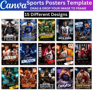 May include: A digital Canva sports posters template featuring 15 different graphic designs for athletes. The layout includes various sports imagery such as baseball, basketball, and hockey players with customizable text fields for names and team details.