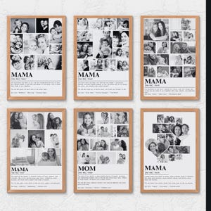 K&ouml;nnte beinhalten: Sechs Schwarzwei&szlig;-Fotocollagen mit einer Definition des Wortes "Mama" oder "Mom" am unteren Rand jedes Drucks. Die Drucke zeigen eine Collage von Familienfotos.