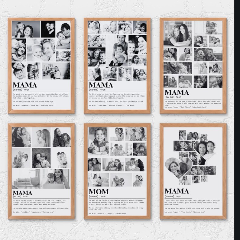 K&ouml;nnte beinhalten: Sechs Schwarzwei&szlig;-Fotocollagen mit einer Definition des Wortes "Mama" oder "Mom" am unteren Rand jedes Drucks. Die Drucke zeigen eine Collage von Familienfotos.