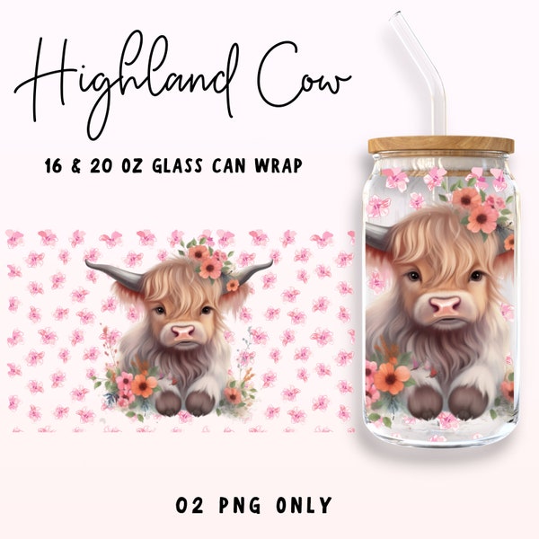 Highland Cow Libbey Glass Wrap PNG, 16 oz et 20 oz vache Highland, verre floral Highland Cow Libbey, emballage en verre pour sublimation, téléchargement numérique