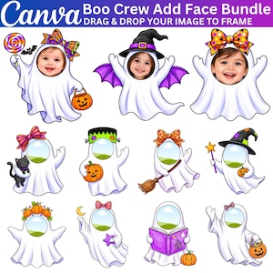 Puede incluir: Un paquete digital Boo Crew Add Face Bundle que incluye once ilustraciones de fantasmas blancos con recortes circulares para fotos. Los fantasmas están decorados con elementos de Halloween como calabazas, sombreros de bruja y lazos.