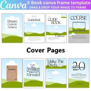 May include: A set of eight ebook cover templates featuring a green landscape with rolling hills and white clouds against a blue sky. The text on the covers includes "Dream. Commit. Achieve", "Guide Book", "GUIDE BOOK", "JOIN THE COURSE", "Inspire", "Even the Smallest Move You Steps Forward", "Make The Pitch", and "2.0 Influencer The Next Era of Influencer Marketing".