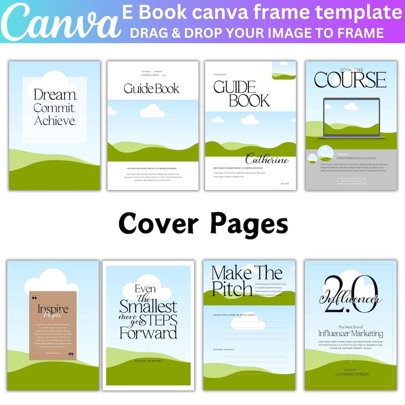 May include: A set of eight ebook cover templates featuring a green landscape with rolling hills and white clouds against a blue sky. The text on the covers includes "Dream. Commit. Achieve", "Guide Book", "GUIDE BOOK", "JOIN THE COURSE", "Inspire", "Even the Smallest Move You Steps Forward", "Make The Pitch", and "2.0 Influencer The Next Era of Influencer Marketing".