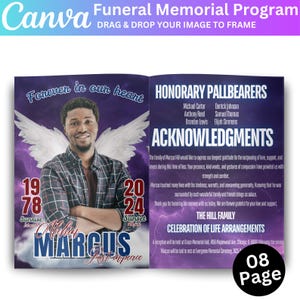Purple Funeral Memorial Program Canva Editable Template, Heavenly Funeral Program, Obituary Celebration Of Life Template Keepsake Canva File