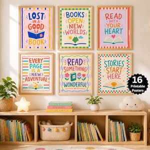 May include: Six framed wall posters featuring colorful illustrations and text about reading, including phrases like Lost in a Good Book, Books Open New Worlds, Read With Your Heart, Every Page Is a New Adventure, Read Something Wonderful, and Stories Start Here.