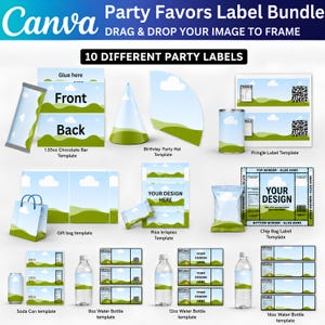 10 Party Favors Labels Canva Template Bundle, Chip Bag, Chocolate Bar Wrapper, Water Bottle Labels Editable Template, Party Favor Packaging