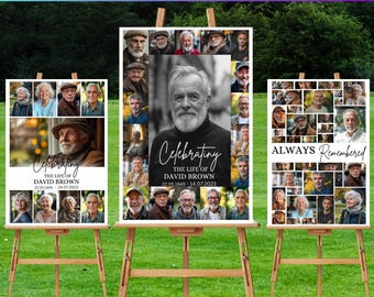 Set di 3 poster commemorativi per funerali con collage di foto, modello modificabile su Canva, poster "In Loving Memory", modello per la celebrazione della vita, set di 3 poster commemorativi.
