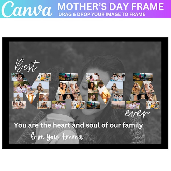 Collage de fotos de mamá, plantilla de marco de Mama Canva, regalo del Día de la Madre, marco de fotos de mamá, arrastrar y soltar, mejor mamá del mundo, editar en Canva, Pdf