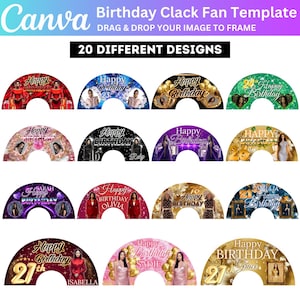 Może przedstawiać: Szablon Canva dla wachlarzy urodzinowych, zawierający 20 różnych wzorów. Każdy wzór wachlarza zawiera słowa "Happy Birthday" z różnymi imionami i wiekiem oraz zdjęcia osób. Szablon jest przeznaczony do personalizacji.