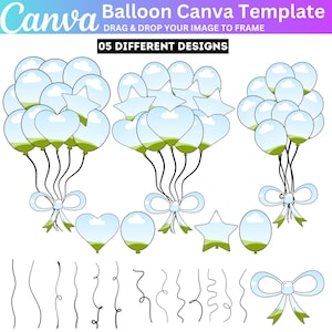Balloons Canva Frame Template, Editable Balloon Bunch Canva Dra and Drop Frame, Heart, Star, Circle Balloons Frame, Birthday Party Balloons
