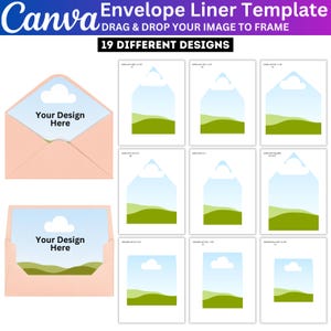 Op de afbeelding: Een Canva envelopvoering sjabloon met 19 verschillende ontwerpen. De afbeelding toont twee lichtroze enveloppen met tijdelijke aanduidingen met de tekst Your Design Here, naast een raster van diverse vormen en maten.