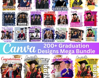 May include: A collection of graduation-themed designs, featuring students in caps and gowns, celebratory text, and the Canva logo. The designs include various layouts and color schemes, suitable for announcements and keepsakes.