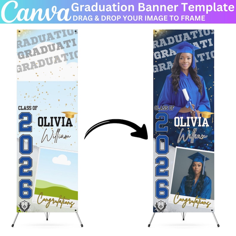 03 Graduation Banner Canva Editable Template, Class of 2026 Celebration, Blue Graduation Banner for Grad Parties, Large Format Grad Banner image 4