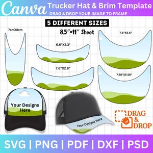 Puede incluir: Una plantilla para gorras de camionero y viseras, con cinco tamaños diferentes. La imagen incluye contornos de sombreros, con dimensiones como 21,6 x 27,9 cm y 19,3 x 14,2 cm. El diseño permite arrastrar y soltar imágenes. El texto incluye "Your Designs Here" y opciones de formato de archivo.