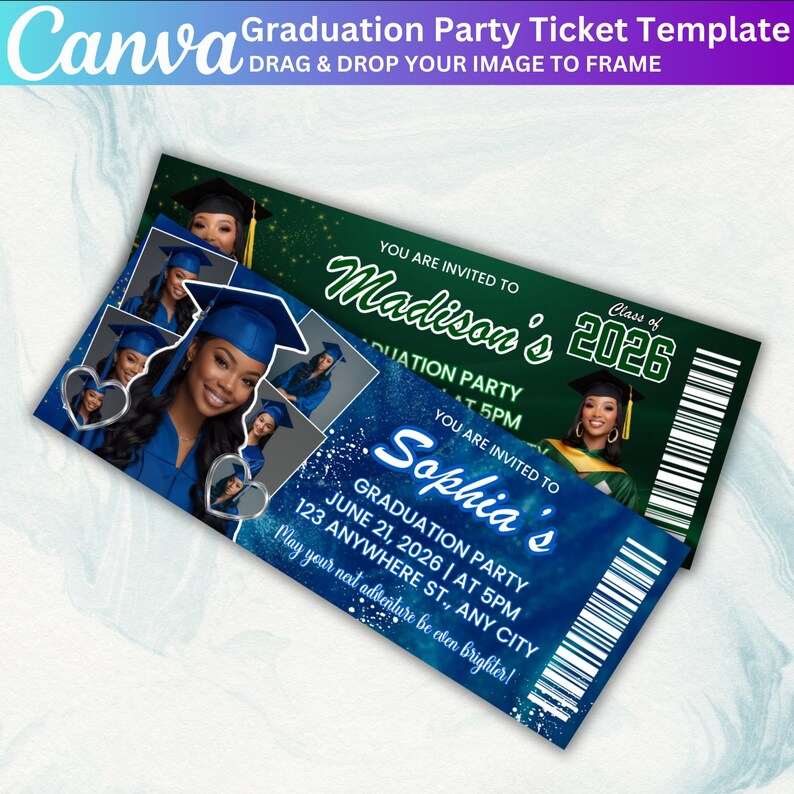10 Graduation Party Ticket Template Bundle, Editable Canva Graduation ...