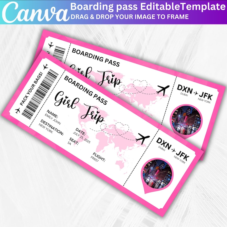 May include: Two pink boarding passes with the text "Girl Trip" and a world map design. The passes include flight details, destination New York, and the text "DXN + JFK". The Canva logo is in the top left corner.