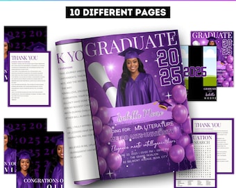 Graduation Activity Booklet Editable Canva Template, 2025 Senior GRAD Magazine Booklet, Maze Graduation Party, Crossword Reflection Pages