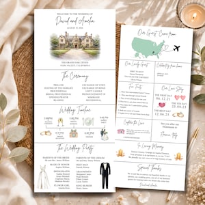 May include: Two white wedding program cards featuring black text and watercolor illustrations. The left card details the ceremony, timeline, and wedding party. The right card displays a map of the USA, fun facts, love story dates, and memorial notes.