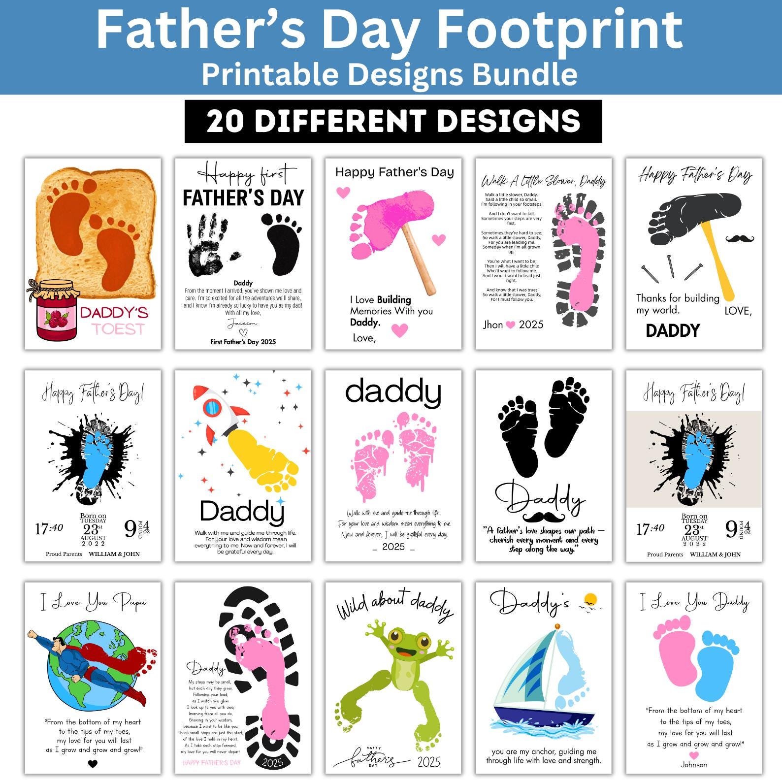 Fathers Day footprint Craft Bundle, Dad footprint fingerprint Printable, Fathers Day Gift from Son Daughter Kids, Father&#39;s Day Printable