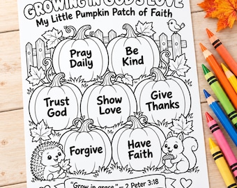 Growing in God's Love Christian Fall Coloring Page for Kids, Pumpkin Patch of Faith Activity, Fall for Jesus Sunday  School Bible Activity