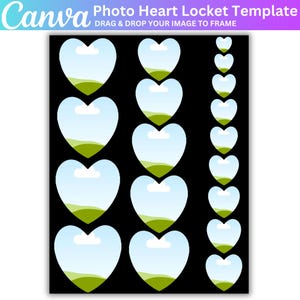 May include: A Canva template for a photo heart locket, with heart-shaped frames on a black background. The hearts contain a landscape scene of blue sky, green hills, and white clouds. The template's title is displayed at the top.