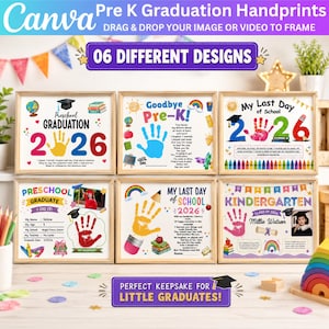 Könnte beinhalten: Sechs gerahmte Andenken an die Abschlussfeier der Vorschule mit farbenfrohen Designs. Jeder Rahmen zeigt Handabdrücke, das Jahr 2026 und Texte wie "Preschool Graduation" und "My Last Day of School". Das Bild enthält den Text "Perfect Keepsake for Little Graduates!"