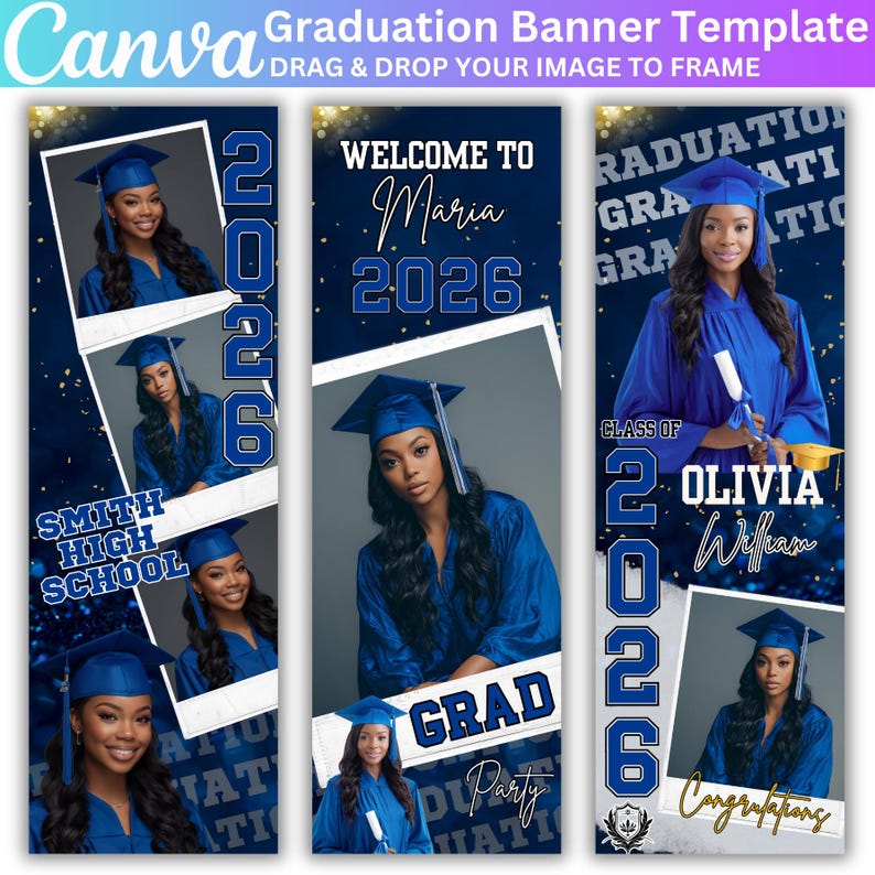 03 Graduation Banner Canva Editable Template, Class of 2026 Celebration, Blue Graduation Banner for Grad Parties, Large Format Grad Banner image 3