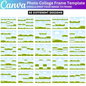 Puede incluir: Plantilla de marco de collage de fotos de Canva con 50 diseños diferentes. Cada diseño presenta un paisaje con colinas verdes, cielo azul y nubes blancas. Los diseños están dispuestos en un patrón de cuadrícula.