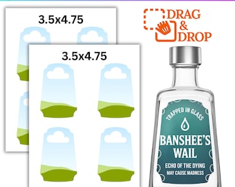 May include: A clear tequila bottle with a silver cap and a teal label that reads "Banshee's Wail." The label also includes the text "Echo of the Dying, May Cause Madness." To the left are label templates, each measuring 3.5 x 4.75 inches.