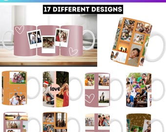 May include: A selection of 15oz coffee mugs with diverse designs. Some mugs display photo collages, others have simple heart designs. The text "17 DIFFERENT DESIGNS" is visible. The Canva logo is present.