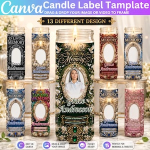 May include: A collection of thirteen cylindrical candle labels featuring an In Loving Memory design with ornate gold frames, floral accents, and customizable text fields for names and dates, displayed on various colored backgrounds.