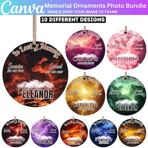 May include: A collection of ten memorial ornaments with a round shape and a string for hanging. Each ornament features a sunset or sunrise design with the text "In Loving Memory" and a name. The color palette includes shades of red, orange, purple, and gold.