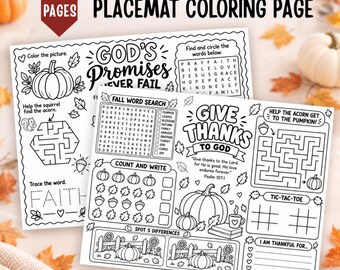 2 Fall Bible Activity Placemats, Christian Fall Printable, Sunday School Coloring Activity for Kids, Church, Bible Worksheet Activity
