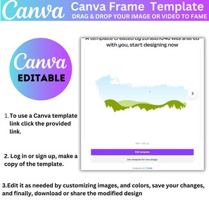 May include: A Canva template with a green and blue landscape design. The template is 480 x 480 pixels and can be edited for new designs. The text "A template created by zonai1040 was shared with you, start designing now" is displayed on the template.