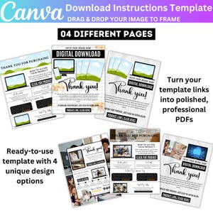 May include: A Canva template with instructions for digital downloads. The design features four different page layouts with the text "Thank you!" and "Digital Download." The template includes instructions to drag and drop images to frame.