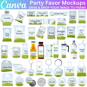 May include: A collection of party favor mockups featuring various items like chip bags, food pouches, gable boxes, tumblers, water bottles, paper cups, keychains, pin badges, and more. The mockups are designed with a blue and green color scheme and feature a cloud and grass design.