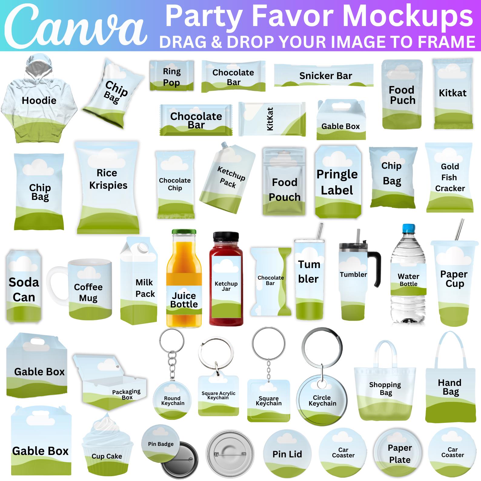 50 Party Favor Mega bundle, Party Favor Canva Editable Template, Chocolate Bar, Chip Bag, Keychains Mockups, Car Coaster, Hoodie Mockup