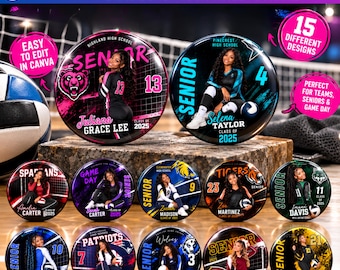 15 Volleyball Pin Button Template, Editable Canva Sports Pin Design, Volleyball Team Button, Senior Night Player Gift, Custom Team Spirit