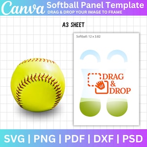 May include: A template for a softball panel, featuring a yellow softball with red stitching and a place to drag and drop an image. The text "DRAG & DROP" is in orange with a white outline. The template is for an A3 sheet, which is 11.69 inches by 16.54 inches.