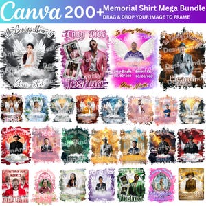 May include: A collection of memorial shirt designs with angel wings, portraits, and text. The shirts feature phrases like "In Loving Memory," "Long Live," and names such as Joshua and Eleanor. The designs are colorful and include floral and cloud backgrounds.
