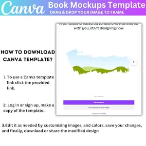 May include: A Canva template for book mockups. The template features a landscape scene with green hills and a blue sky. The text "A template created by zonald1040 was shared with you, start designing now" is displayed above the scene. The text "Edit template" is displayed on a purple button. The text "Use template for new design" is displayed below the button. The text "Designed with Canva" is displayed below the text "Use template for new design".