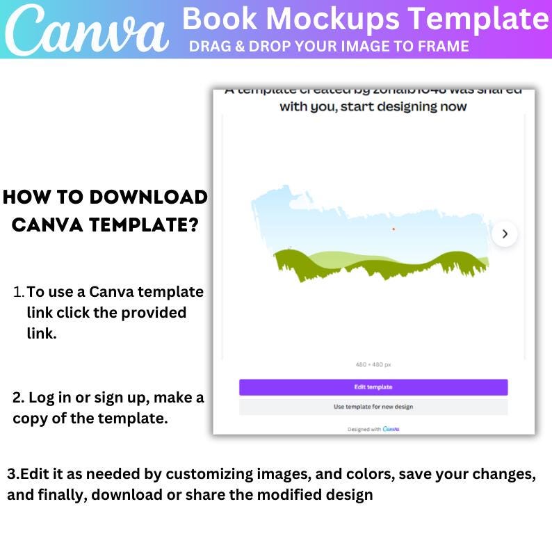May include: A Canva template for book mockups. The template features a landscape scene with green hills and a blue sky. The text "A template created by zonald1040 was shared with you, start designing now" is displayed above the scene. The text "Edit template" is displayed on a purple button. The text "Use template for new design" is displayed below the button. The text "Designed with Canva" is displayed below the text "Use template for new design".