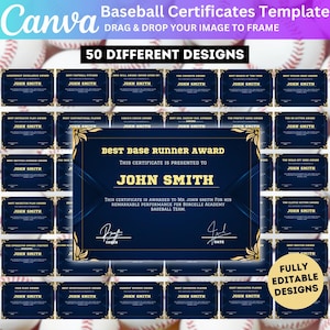 50 Baseball Certificates Canva Editable Template, Baseball Award Certificate, Personalized Award Baseball Team End Of Season Award Printable