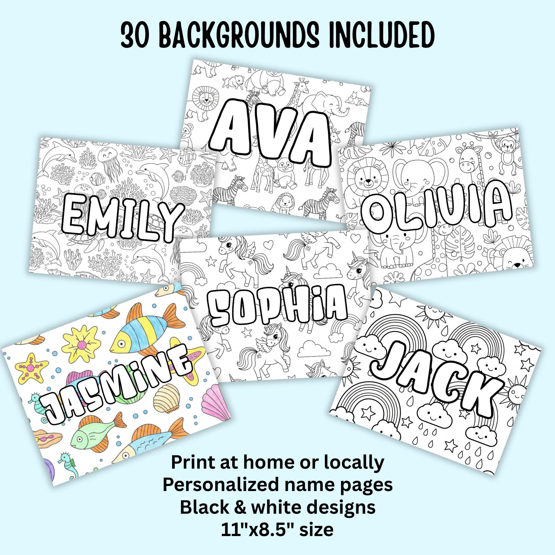 30 Custom Name Coloring Pages, Kids Activity Coloring Pages, 8.5x11 ...