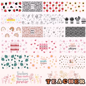 K&ouml;nnte beinhalten: Eine digitale Collage aus 16 verschiedenen Designs mit verschiedenen Mustern, Texten und Illustrationen. Die Designs beinhalten ein Erdbeermuster, einen Leopardenprint, ein Kaktusmuster, ein Blumenmuster, ein Regenbogenmuster, ein Herzmuster, ein Kaffeemuster und ein Lehrer-Design. Der Text in den Designs umfasst "Lehrermodus", "Bester Lehrer aller Zeiten", "Mama Mama Mama Mama", "Eiskaffee bitte", "Mama braucht Kaffee" und "Lehrer pflanzen Samen, die f&uuml;r immer wachsen".